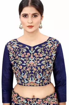 Blue Embroidered Bollywood Designer Silk Blend Saree With Blouse