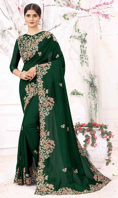 Green Embroidered Bollywood Designer Silk Blend Saree With Blouse 1