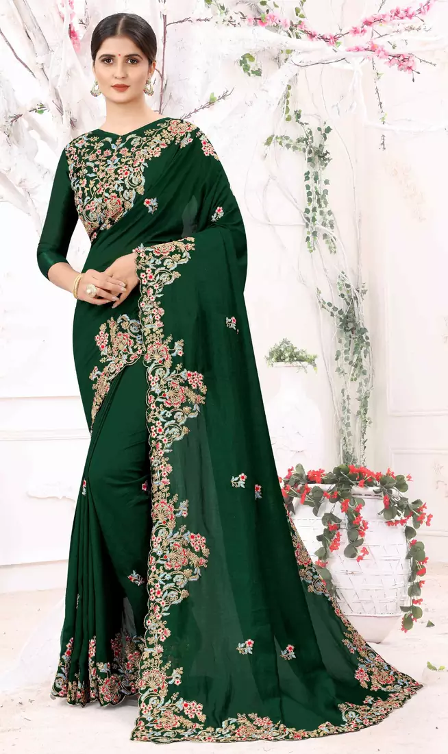 Green Embroidered Bollywood Designer Silk Saree With Blouse