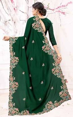 Green Embroidered Bollywood Designer Silk Blend Saree With Blouse 2