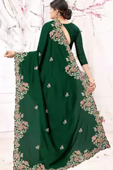 Green Embroidered Bollywood Designer Silk Blend Saree With Blouse