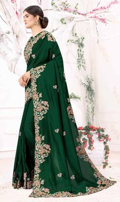 Green Embroidered Bollywood Designer Silk Blend Saree With Blouse 3