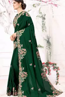 Green Embroidered Bollywood Designer Silk Blend Saree With Blouse
