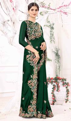 Green Embroidered Bollywood Designer Silk Blend Saree With Blouse 4