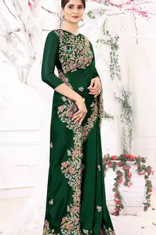 Green Embroidered Bollywood Designer Silk Blend Saree With Blouse