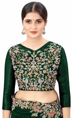 Green Embroidered Bollywood Designer Silk Blend Saree With Blouse 5