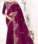 Purple Embroidered Bollywood Designer Silk Blend Saree With Blouse