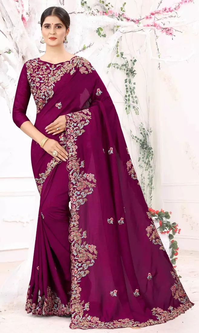 Purple Embroidered Bollywood Designer Silk Saree With Blouse