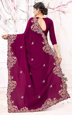 Purple Embroidered Bollywood Designer Silk Blend Saree With Blouse 2