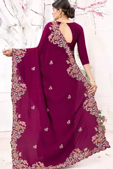 Purple Embroidered Bollywood Designer Silk Blend Saree With Blouse