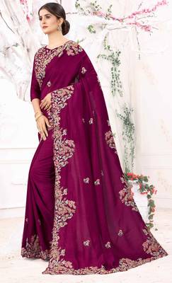 Purple Embroidered Bollywood Designer Silk Blend Saree With Blouse 3
