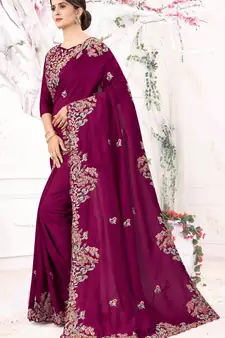 Purple Embroidered Bollywood Designer Silk Blend Saree With Blouse