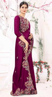 Purple Embroidered Bollywood Designer Silk Blend Saree With Blouse 4