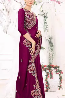 Purple Embroidered Bollywood Designer Silk Blend Saree With Blouse