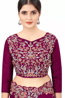 Purple Embroidered Bollywood Designer Silk Blend Saree With Blouse