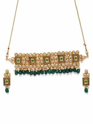 Wedding Wear 18 K Gold Plated Kundan Pearl Meenakari Choker Necklace Jewellery Set for Women/Girls 1