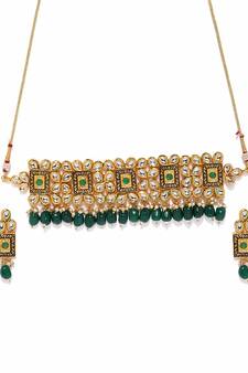 Wedding Wear 18 K Gold Plated Kundan Pearl Meenakari Choker Necklace Jewellery Set for Women/Girls