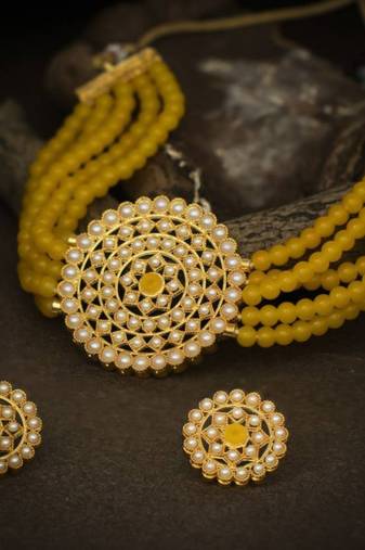 Pearl Beaded Gold-toned Choker/collar Necklace Set for Women & Girls
