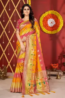 Pink woven jacquard saree 