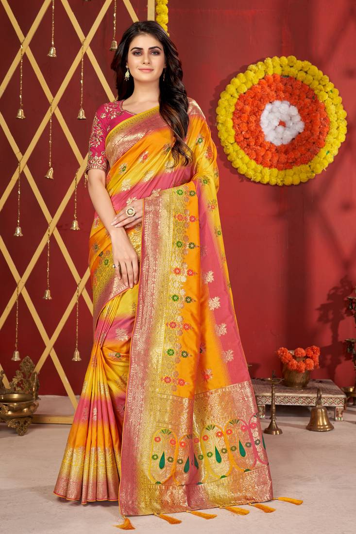 Pink woven jacquard saree 