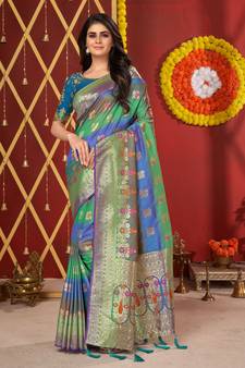 Blue woven jacquard saree 