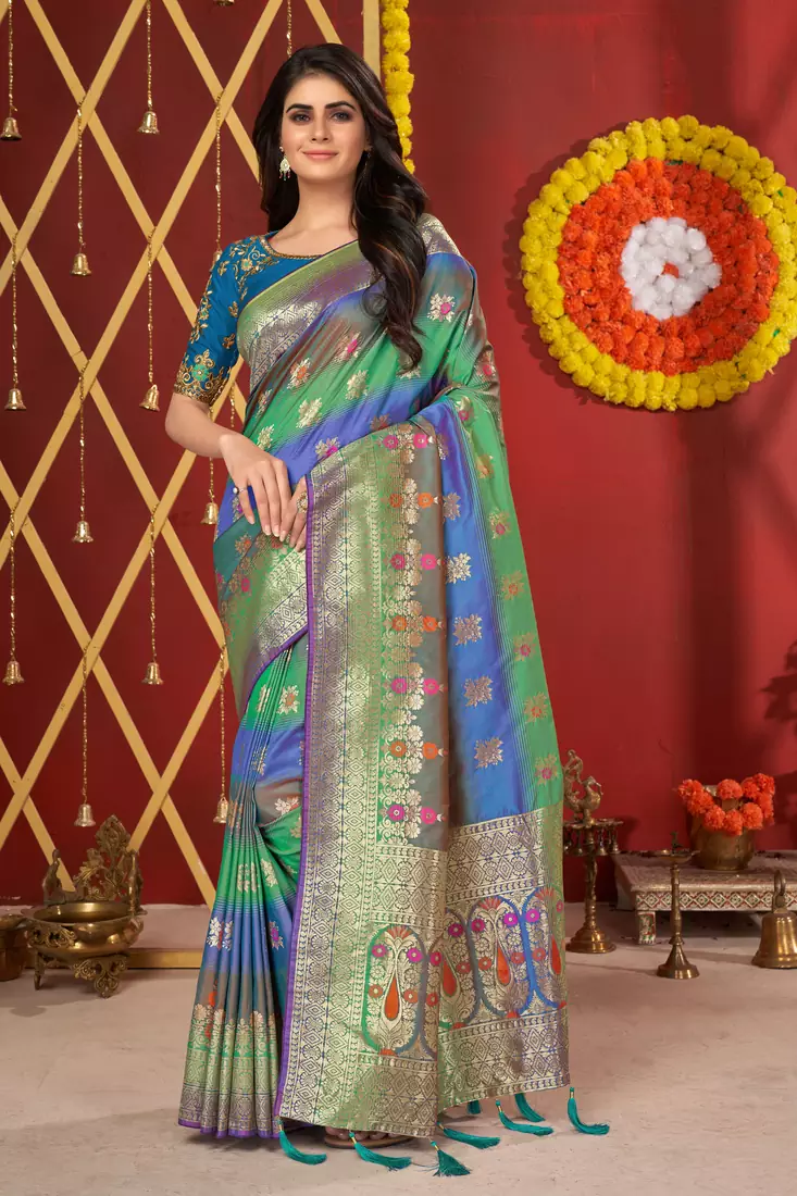Blue woven jacquard saree 