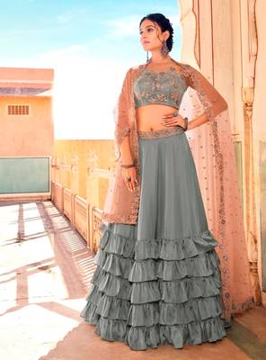 Brown Colour Strech Jersy Layered Lehenga with Matching Net Cutwork Dupatta Paired with Same Colour Satin Silk Blouse 6