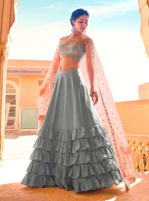 Brown Colour Strech Jersy Layered Lehenga with Matching Net Cutwork Dupatta Paired with Same Colour Satin Silk Blouse 7