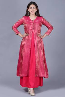 Pink Brocade Double Layered Jacket Style Kurti 5