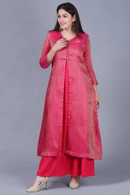 Pink Brocade Double Layered Jacket Style Kurti 6