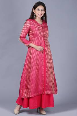 Pink Brocade Double Layered Jacket Style Kurti 7
