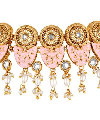 Wedding wear Gold toned Kundan Pearl Studded Necklace Set for Women and Girls 3