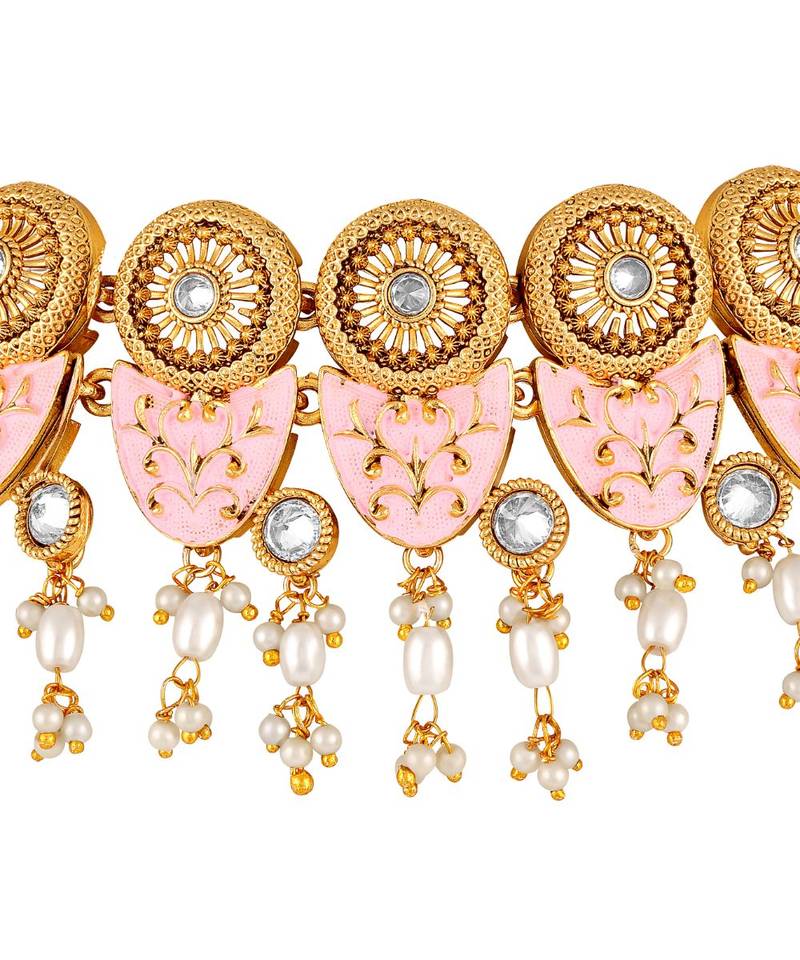 Wedding wear Gold toned Kundan Pearl Studded Necklace Set for Women and Girls