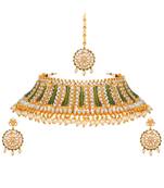 Wedding wear Kundan Pearl Studded Gold toned Choker Necklace Set with Mangtikka