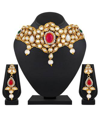 Kundan Pearl Studded Gold toned collar Necklace for women 1