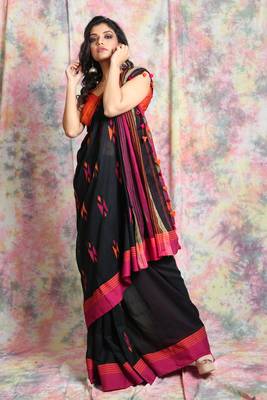 Black cotton handloom saree with dual border 1