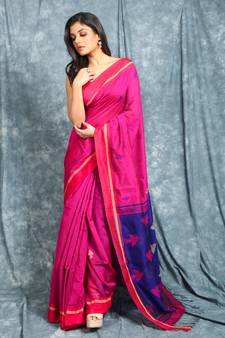 Mangeta  Handloom saree with Blue pallu and all over birds motif