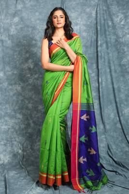 Green Handloom saree with Blue pallu and all over birds motif 1