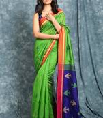 Green Handloom saree with Blue pallu and all over birds motif