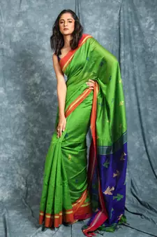 Green Handloom saree with Blue pallu and all over birds motif