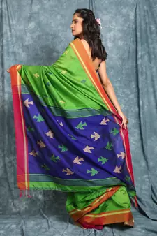 Green Handloom saree with Blue pallu and all over birds motif