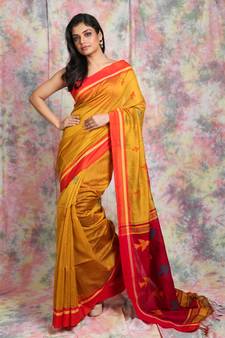 Mustard Handloom saree with Dark Red pallu and all over birds motif