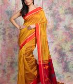 Mustard Handloom saree with Dark Red pallu and all over birds motif
