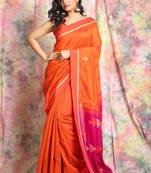 Orange Handloom saree with Dark Pink pallu and all over birds motif