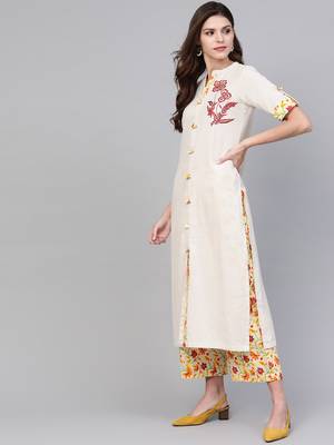Beige printed cotton kurta set 2