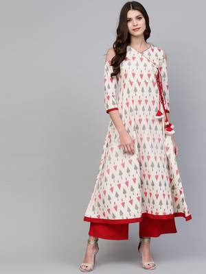 Beige printed cotton kurta set 1