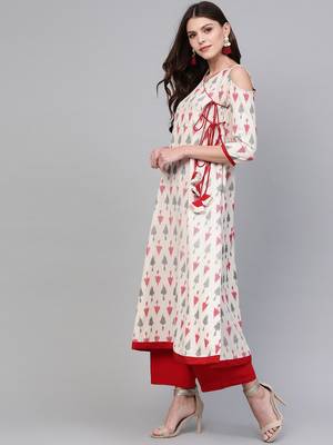 Beige printed cotton kurta set 2