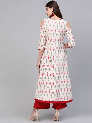 Beige printed cotton kurta set 3