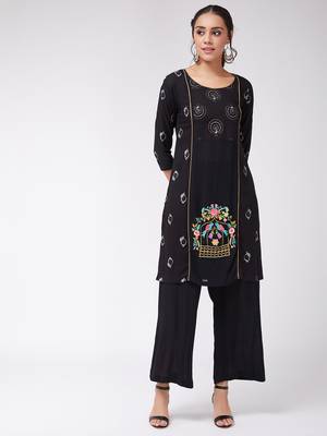 Black printed rayon kurta set 1