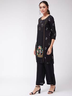 Black printed rayon kurta set 2